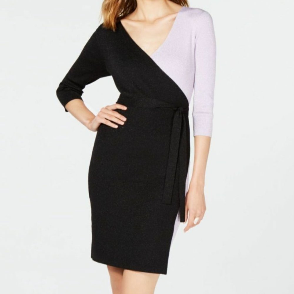 INC Black and Lavender Ribbed Sweater Wrap Dress XS